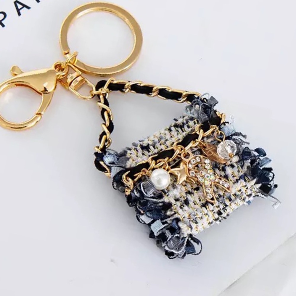 Blue and Black Textured Fabric Handbag Keychain Charm - Picture 1 of 16